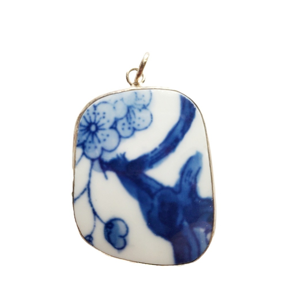 Vintage Blue White Porcelain Shard Pendant Cherry Blossom Floral Ceramic Jewelry